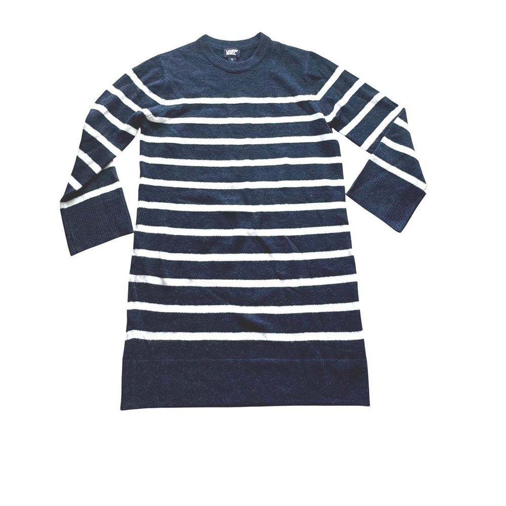 Lands End Navy Blue White Striped Sweater Dress Womens Medium 8-10 Long Sleeve